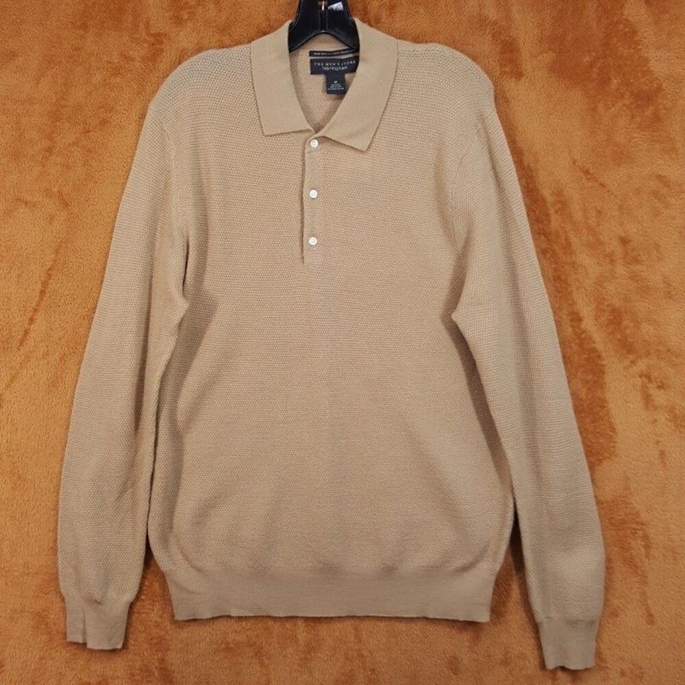 BLOOMINGDALES Sweater Mens Medium Tan 100% Wool Knit Long Sleeve Polo